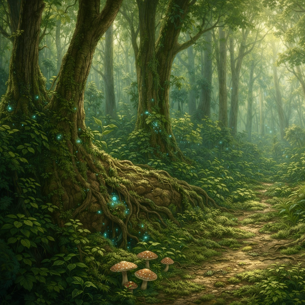 Dichter Wald mit lichtdurchfluteten Bäumen, Moos, Pilzen und leuchtenden Elementen.